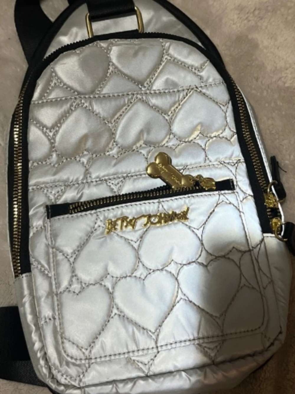 Betsey Johnson Ivory Quilted Heart Mini Backpack with Gold Hardware